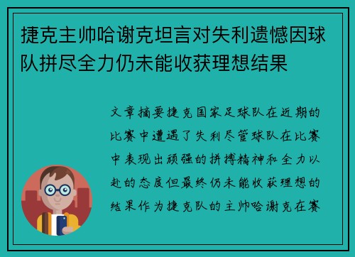 捷克主帅哈谢克坦言对失利遗憾因球队拼尽全力仍未能收获理想结果